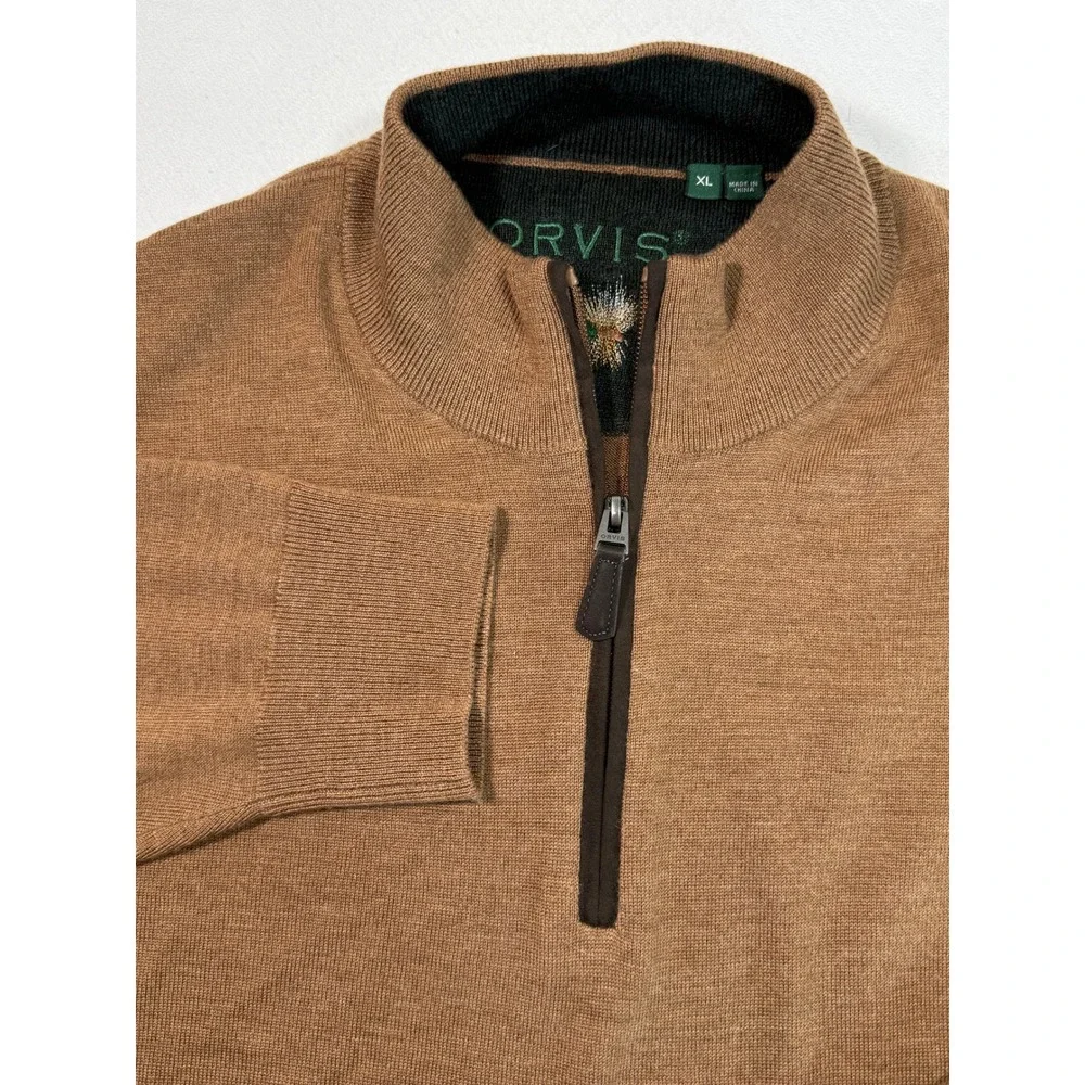 Orvis Mens XL Brown 100% Merino Wool Quarter Zip Mock Neck Sweater Fly Fishing